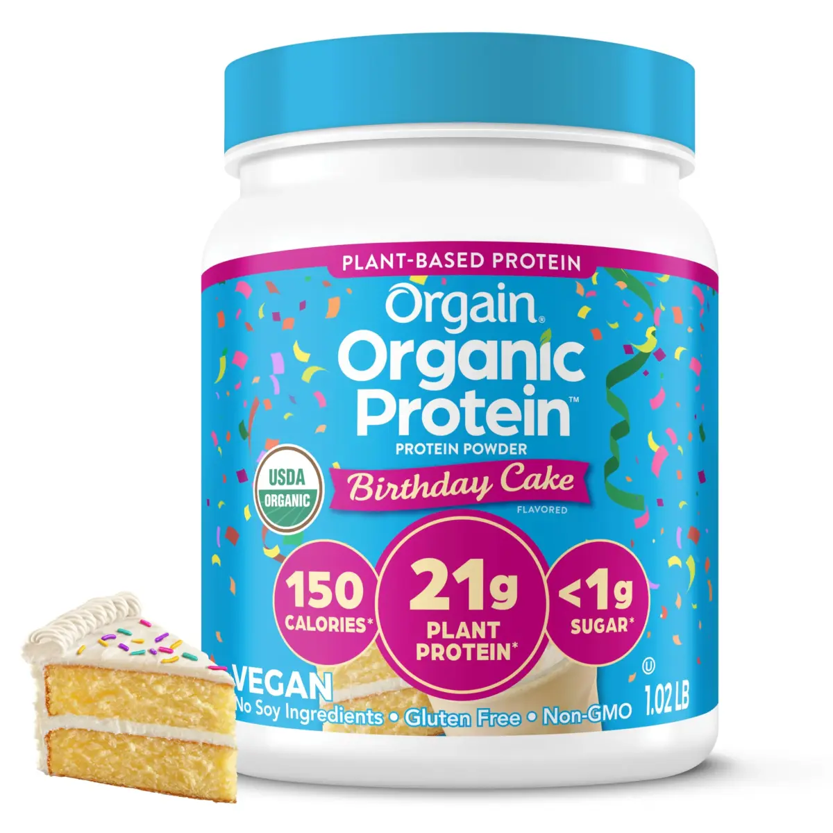 Orgain Organic Vegan 21g Protein Powder Birthday Cake 463g (1.02 lb) | Plant-Based Protein for Smoothies & Baking - main product image
