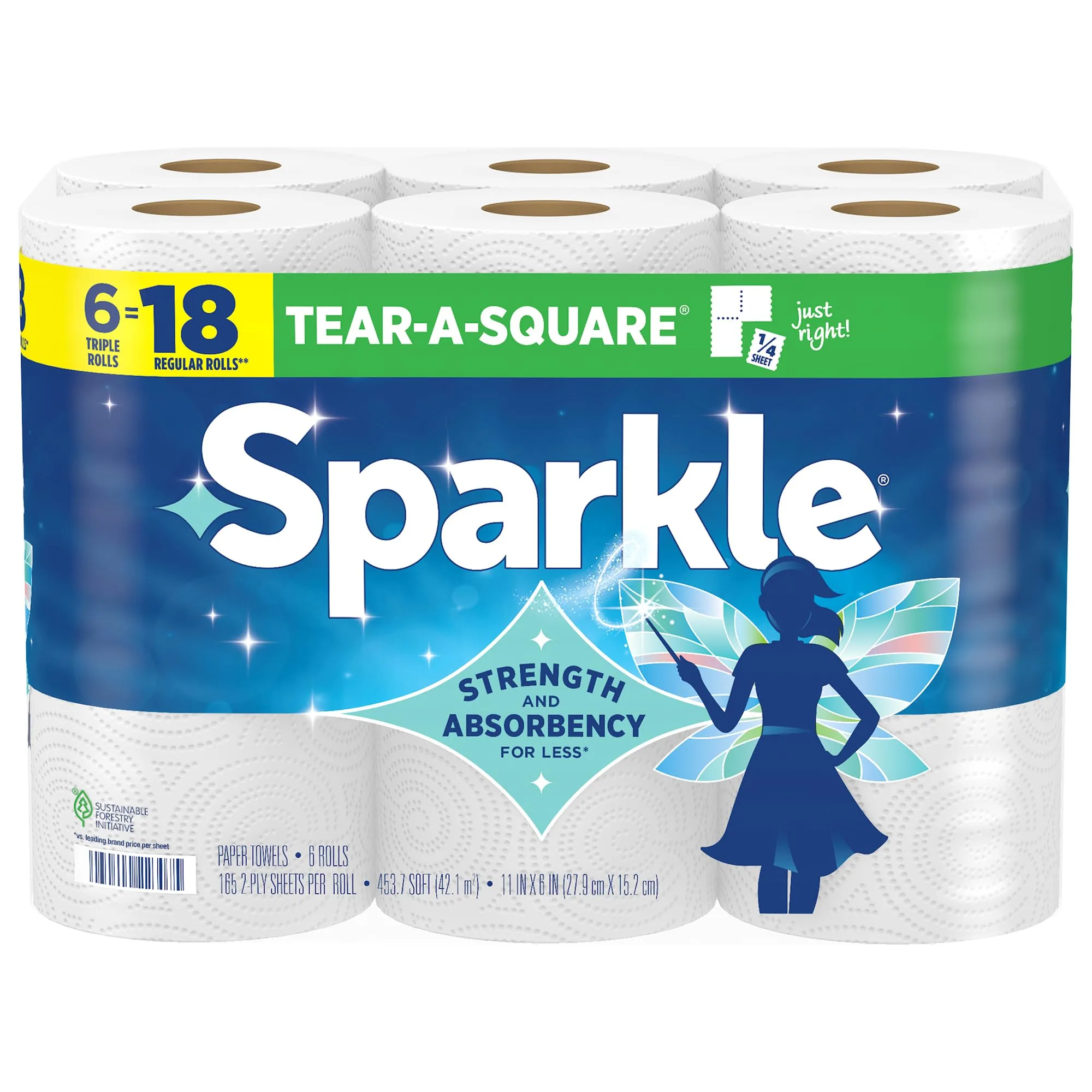 Sparkle Tear-A-Square Paper Towels, 6 Triple Rolls = 18 Regular Rolls | SFI Certified Sourcing - main product image