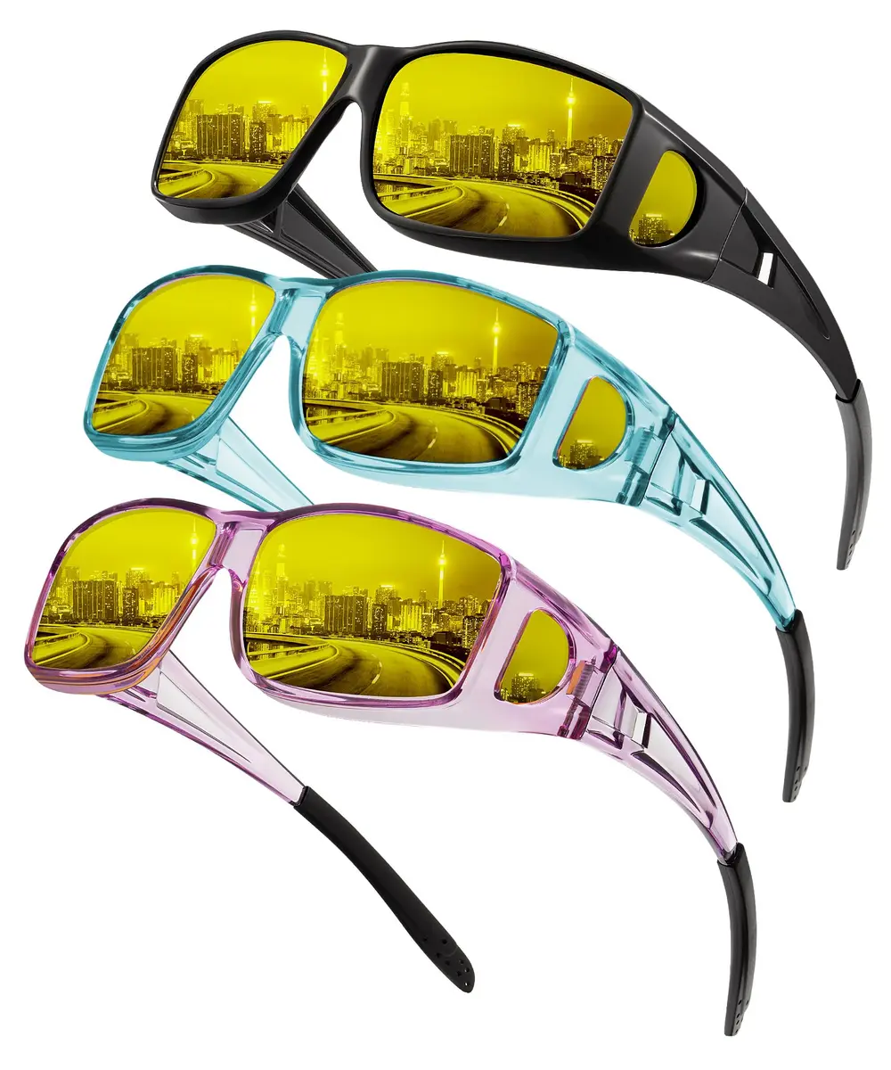KALIYADI Night Vision Glasses Fit Over Glasses Wrap-Around HD Polarized for Driving (3-Pack, Medium) - main product image