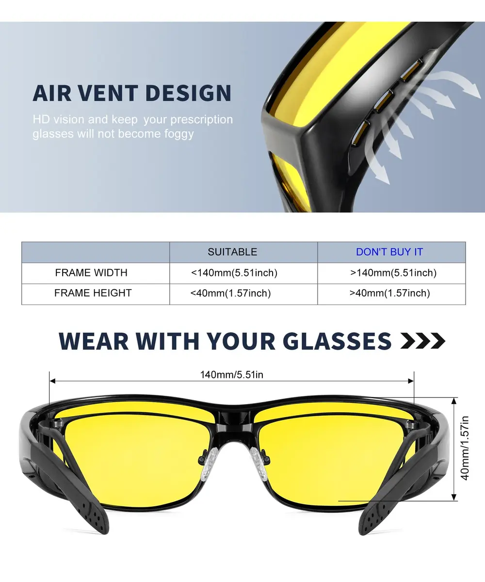KALIYADI Night Vision Glasses Fit Over Glasses Wrap-Around HD Polarized for Driving (3-Pack, Medium) - view 5