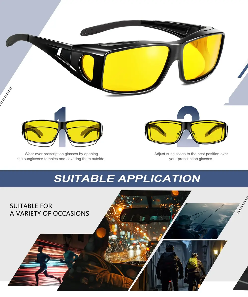 KALIYADI Night Vision Glasses Fit Over Glasses Wrap-Around HD Polarized for Driving (3-Pack, Medium) - view 6