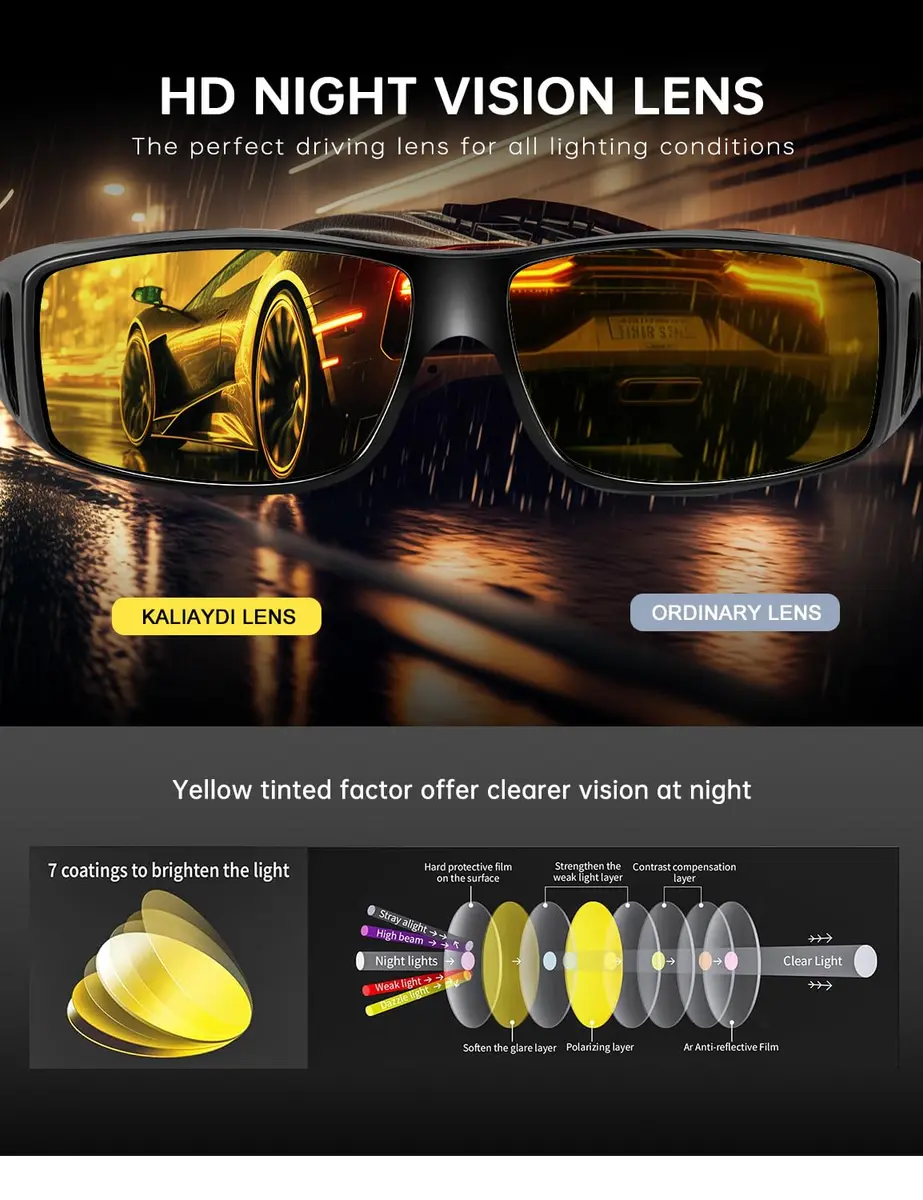 KALIYADI Night Vision Glasses Fit Over Glasses Wrap-Around HD Polarized for Driving (3-Pack, Medium) - view 7