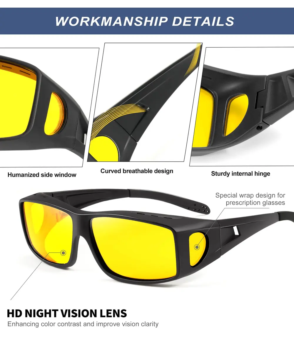 KALIYADI Night Vision Glasses Fit Over Glasses Wrap-Around HD Polarized for Driving (3-Pack, Medium) - view 3