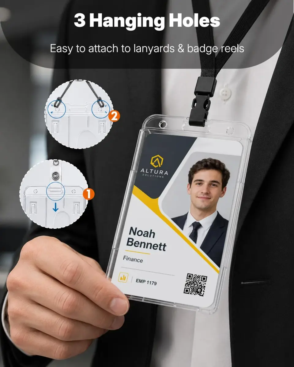 Pawfly 50 Pack Vertical 2-Card Badge Holder with Thumb Slot Hard Transparent PC Case Protector | Easy Access for Office School IDs - view 6