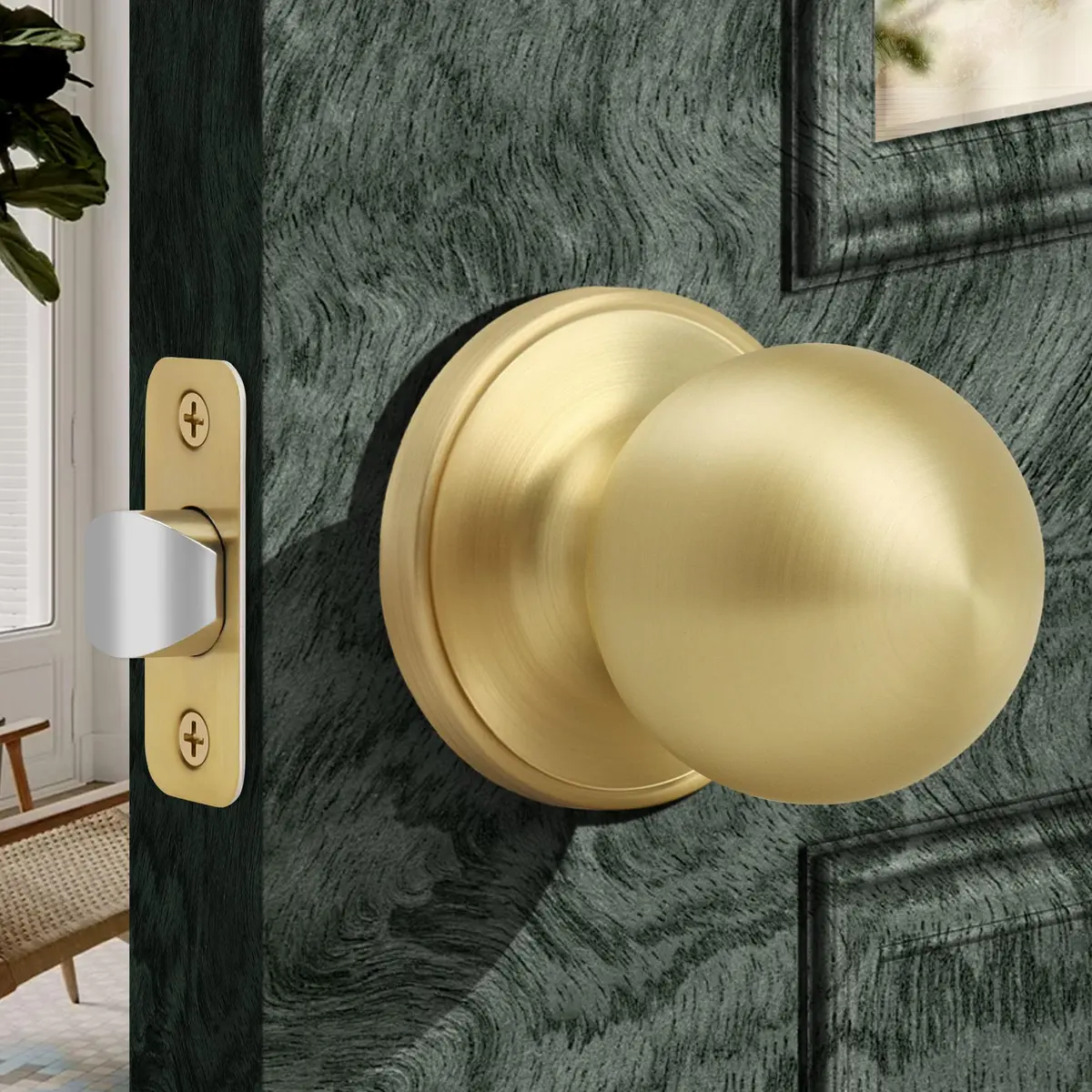 Moquin Passage Door Knob Without Lock or Key | Satin Brass, Round Ball, Interior Use - main product image