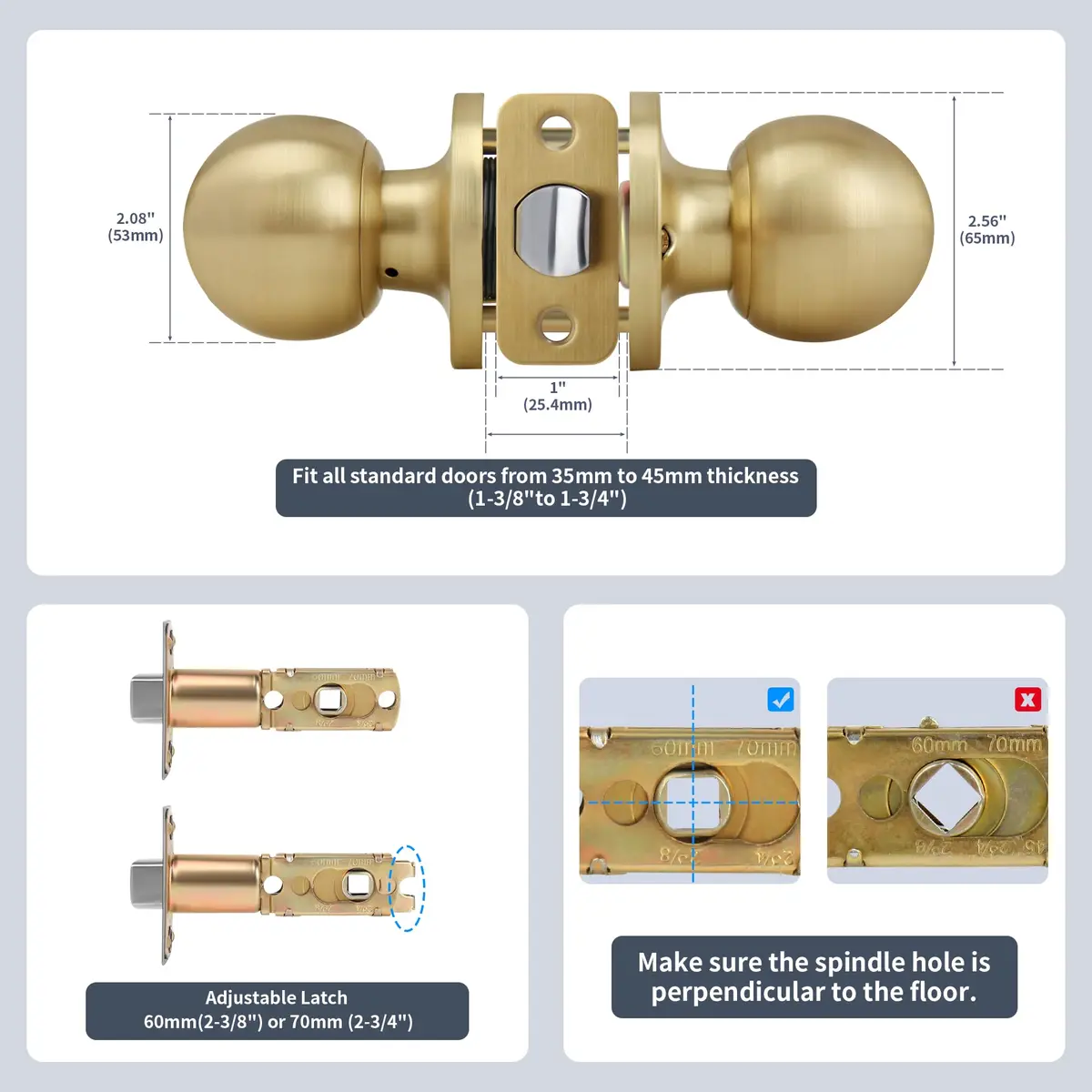 Moquin Passage Door Knob Without Lock or Key | Satin Brass, Round Ball, Interior Use - view 7