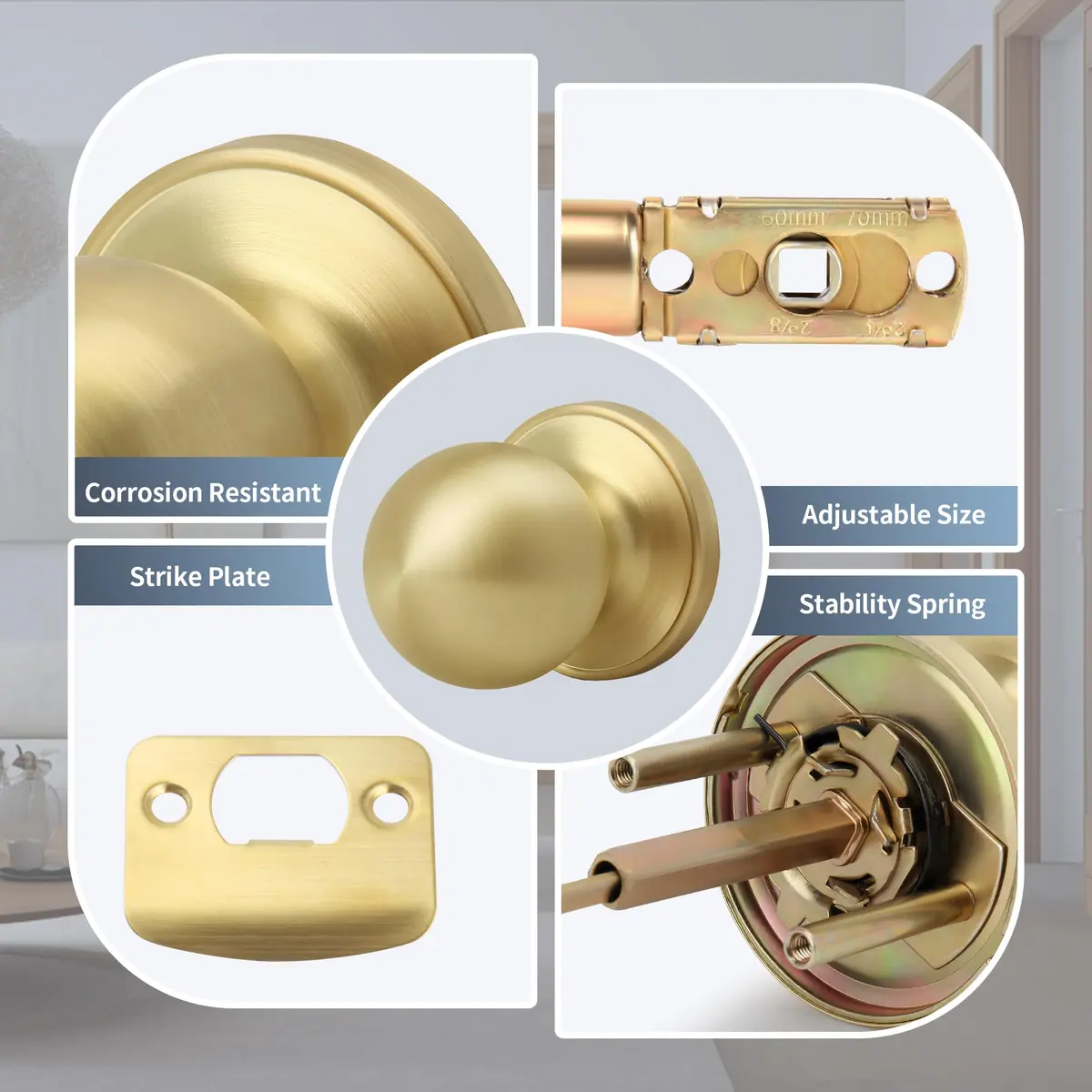 Moquin Passage Door Knob Without Lock or Key | Satin Brass, Round Ball, Interior Use - view 2