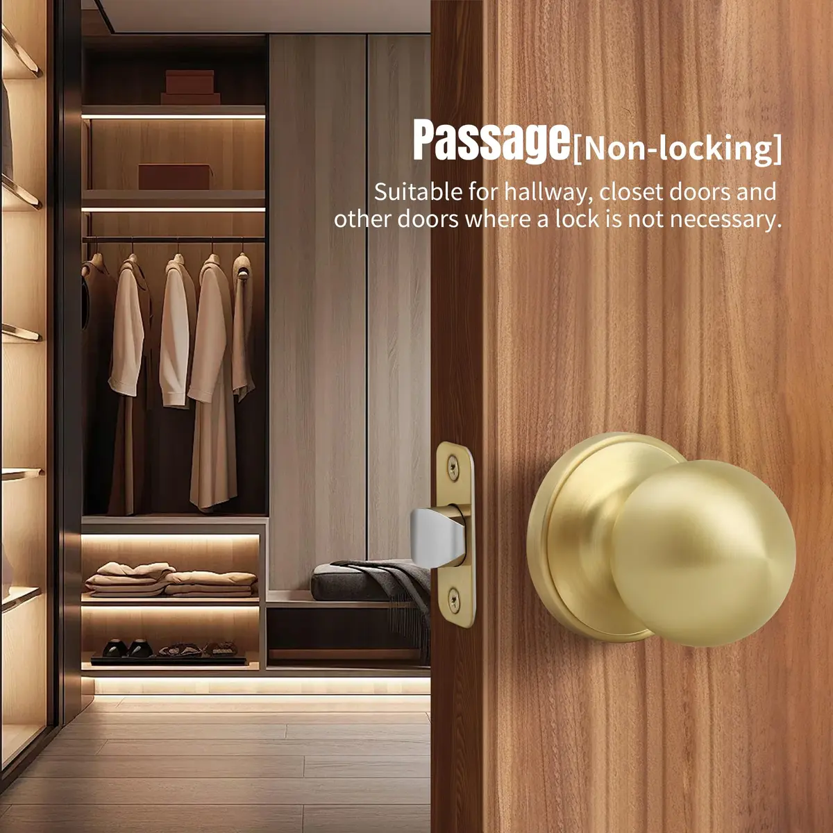 Moquin Passage Door Knob Without Lock or Key | Satin Brass, Round Ball, Interior Use - view 3