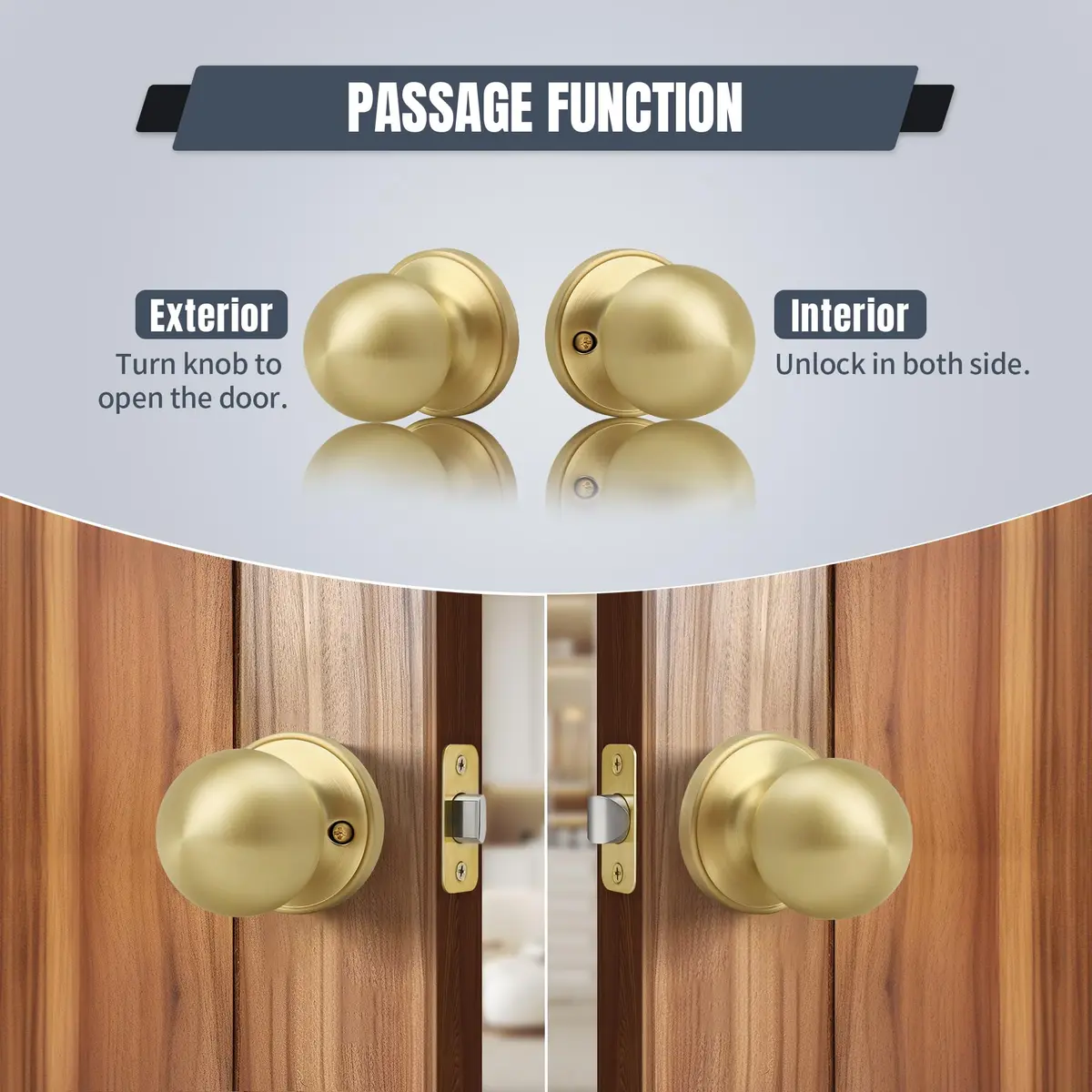 Moquin Passage Door Knob Without Lock or Key | Satin Brass, Round Ball, Interior Use - view 4