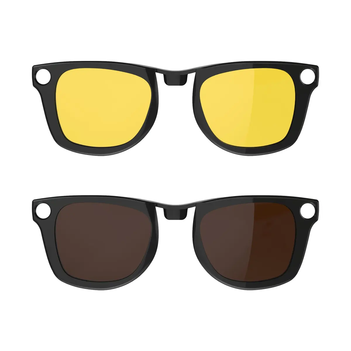 HIBLOKS Polarized Clip-on Sunglasses for Ray-Ban Meta Wayfarer RW4006/RW4012 (50-22) — Yellow+Brown Lenses, Shiny Black Frame, 2-Pack - main product image
