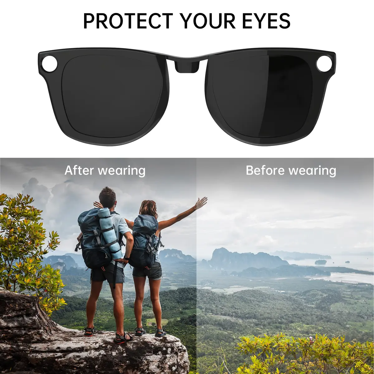 HIBLOKS Polarized Clip-on Sunglasses for Ray-Ban Meta Wayfarer RW4006/RW4012 (50-22) — Yellow+Brown Lenses, Shiny Black Frame, 2-Pack - view 4