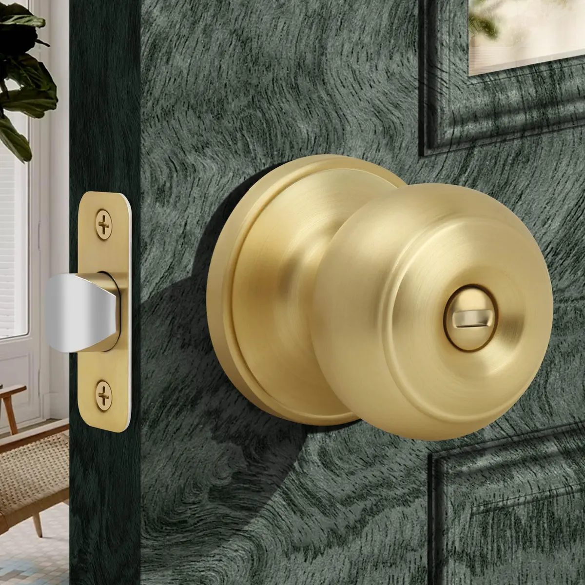 Moquin Privacy Door Knob with Lock, Keyless Interior Flat Ball Door Knob, Satin Brass (1 Pack) - main product image