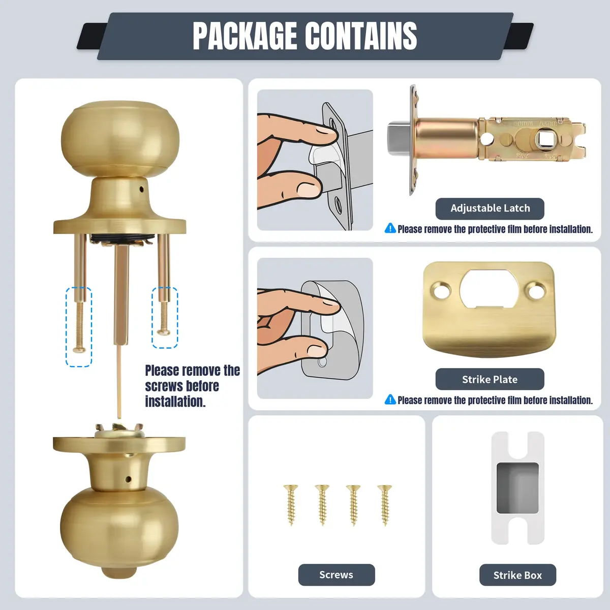 Moquin Privacy Door Knob with Lock, Keyless Interior Flat Ball Door Knob, Satin Brass (1 Pack) - view 5
