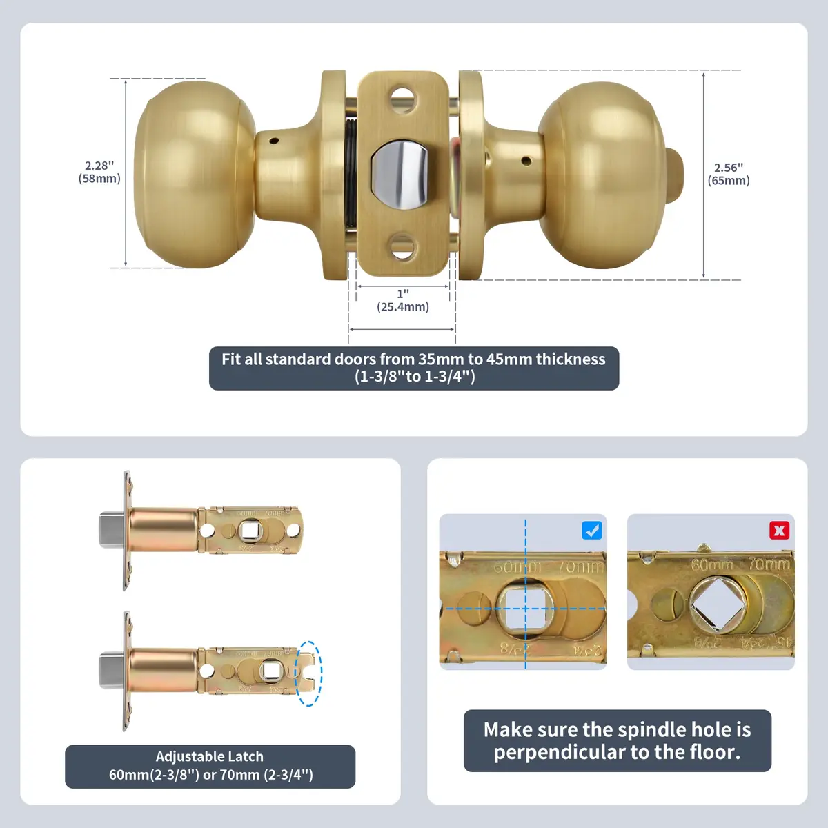 Moquin Privacy Door Knob with Lock, Keyless Interior Flat Ball Door Knob, Satin Brass (1 Pack) - view 7