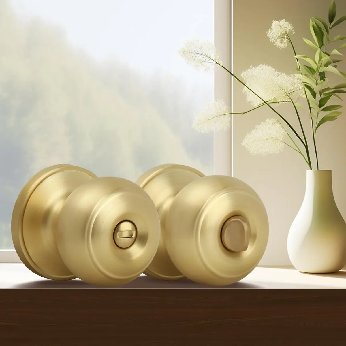 Moquin Privacy Door Knob with Lock, Keyless Interior Flat Ball Door Knob, Satin Brass (1 Pack) - view 8