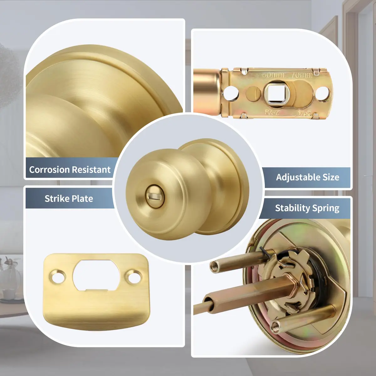 Moquin Privacy Door Knob with Lock, Keyless Interior Flat Ball Door Knob, Satin Brass (1 Pack) - view 2