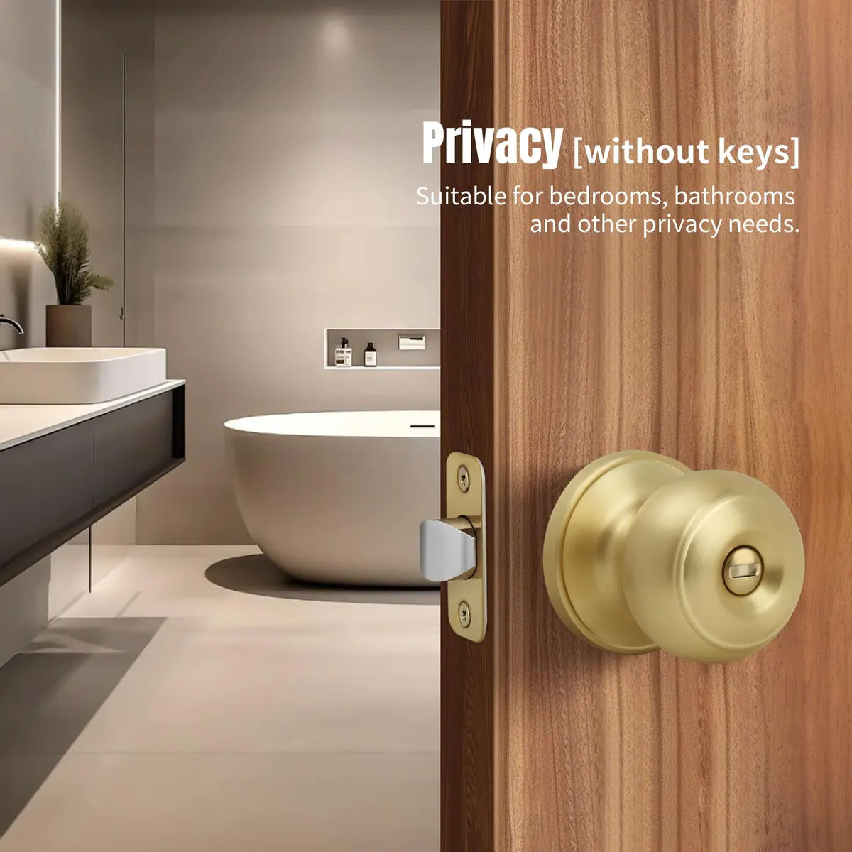 Moquin Privacy Door Knob with Lock, Keyless Interior Flat Ball Door Knob, Satin Brass (1 Pack) - view 3