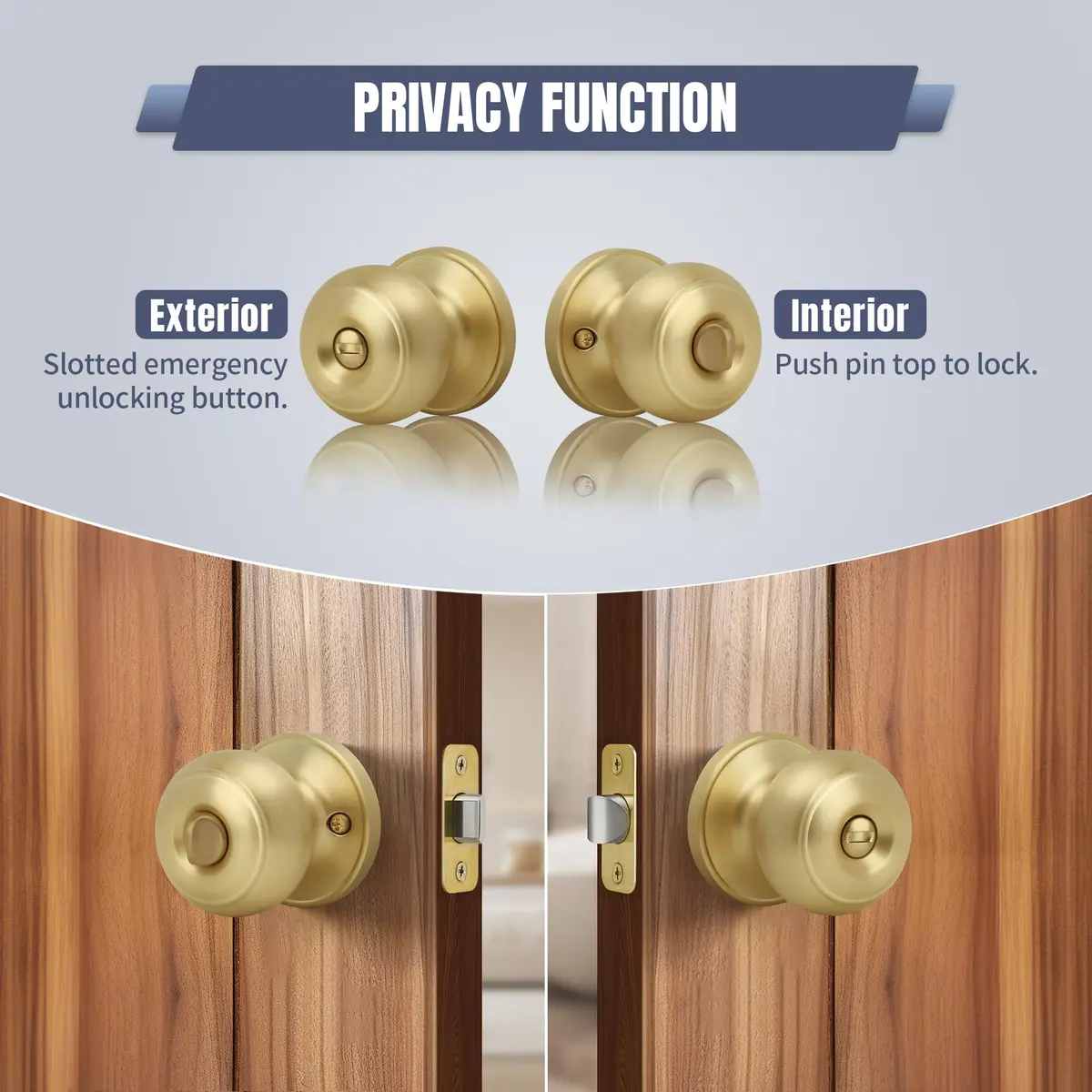 Moquin Privacy Door Knob with Lock, Keyless Interior Flat Ball Door Knob, Satin Brass (1 Pack) - view 4