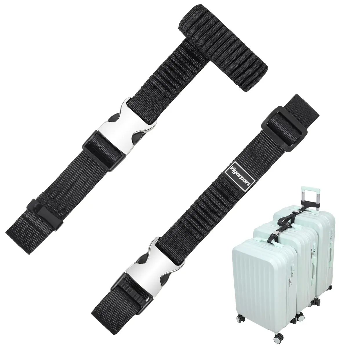 Vigorport Luggage Straps, Metal Buckle Connector Straps for Suitcases (2-Pack, Black) | Connect Multiple Bags Easily - main product image