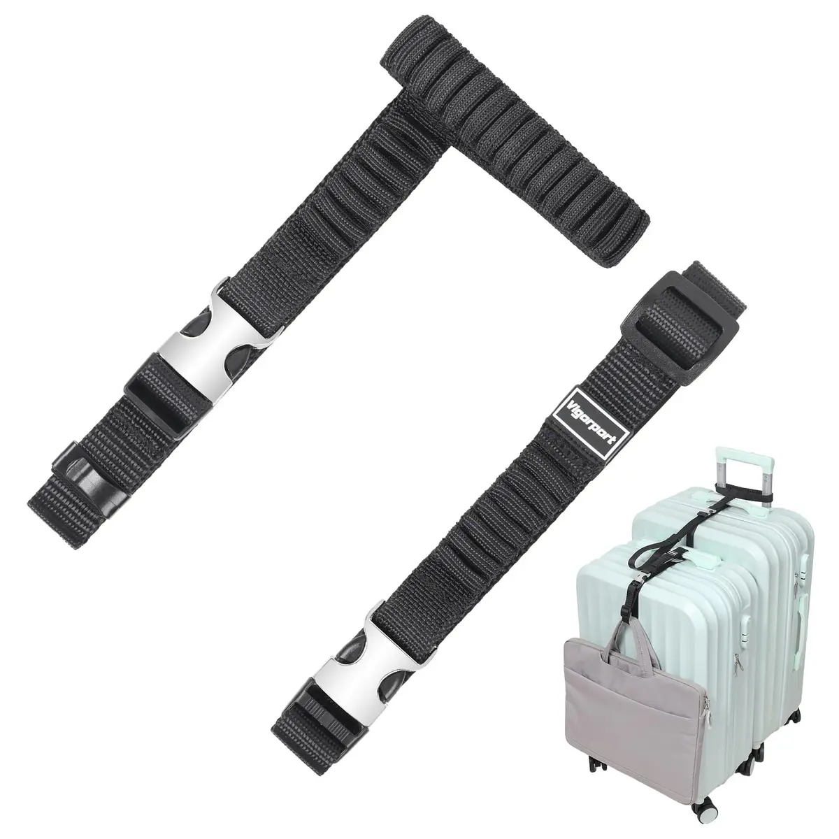 Vigorport Luggage Straps, Metal Buckle & Stretchy Nylon Connector Set (2-Pack, Black) | Securely Connect Luggage for Easier Travel - main product image