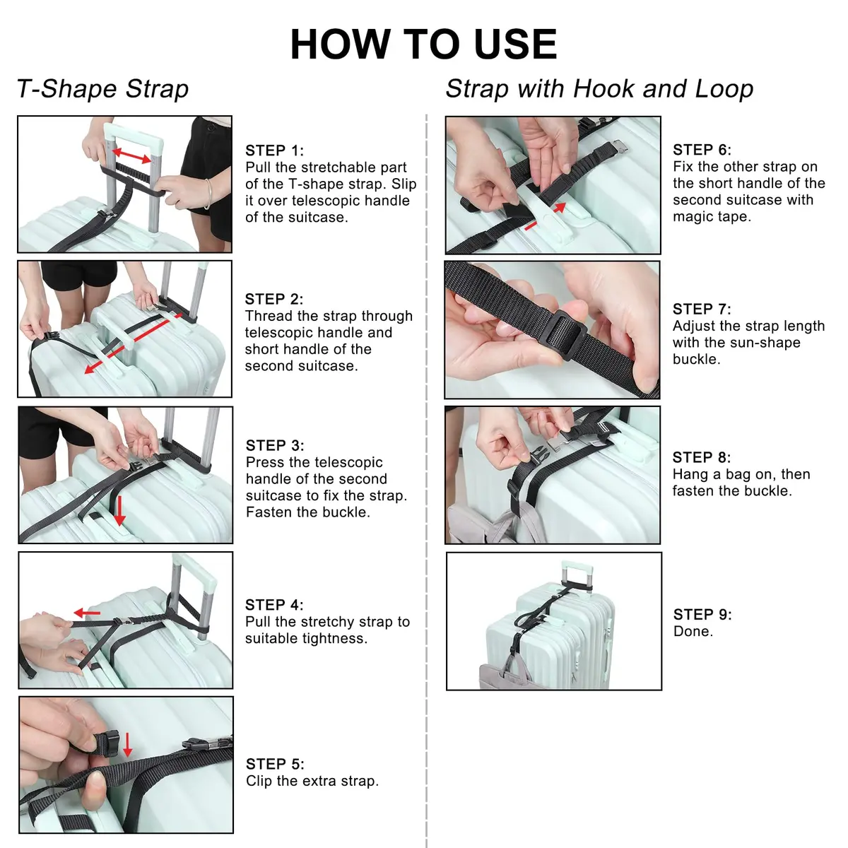 Vigorport Luggage Straps, Metal Buckle & Stretchy Nylon Connector Set (2-Pack, Black) | Securely Connect Luggage for Easier Travel - view 6