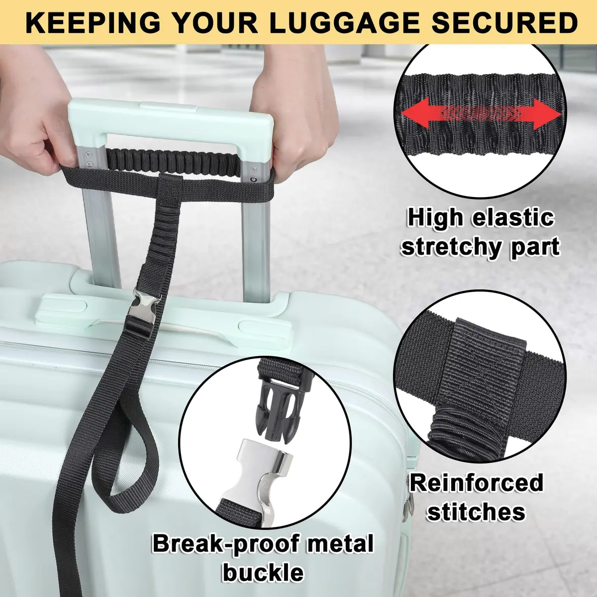 Vigorport Luggage Straps, Metal Buckle & Stretchy Nylon Connector Set (2-Pack, Black) | Securely Connect Luggage for Easier Travel - view 4