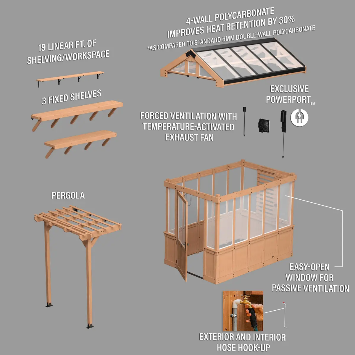 Backyard Discovery Bellerose 9' x 6' Cedar Greenhouse Kit with Pergola & PowerPort | Year-Round Gardening - view 6
