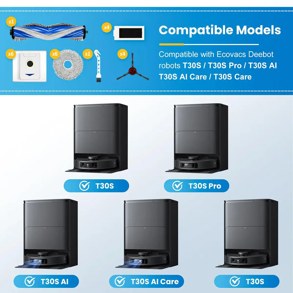 KTNAid 22 Pcs Accessories Kit for ECOVACS DEEBOT T30S, T30S PRO/AI/AI CARE Vacuum | Replacement Parts for Robot Vacuums - view 2