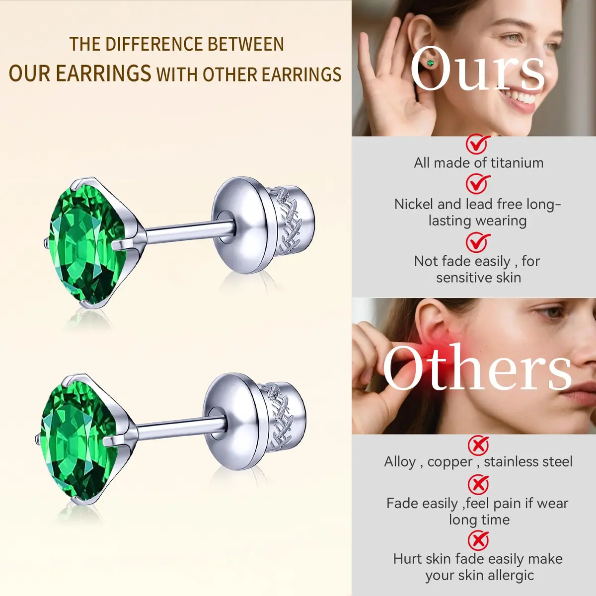 TitanHeart Hypoallergenic Titanium CZ Screw Back Stud Earrings for Women Men | Sensitive Skin Friendly (70-120 chars) - view 4