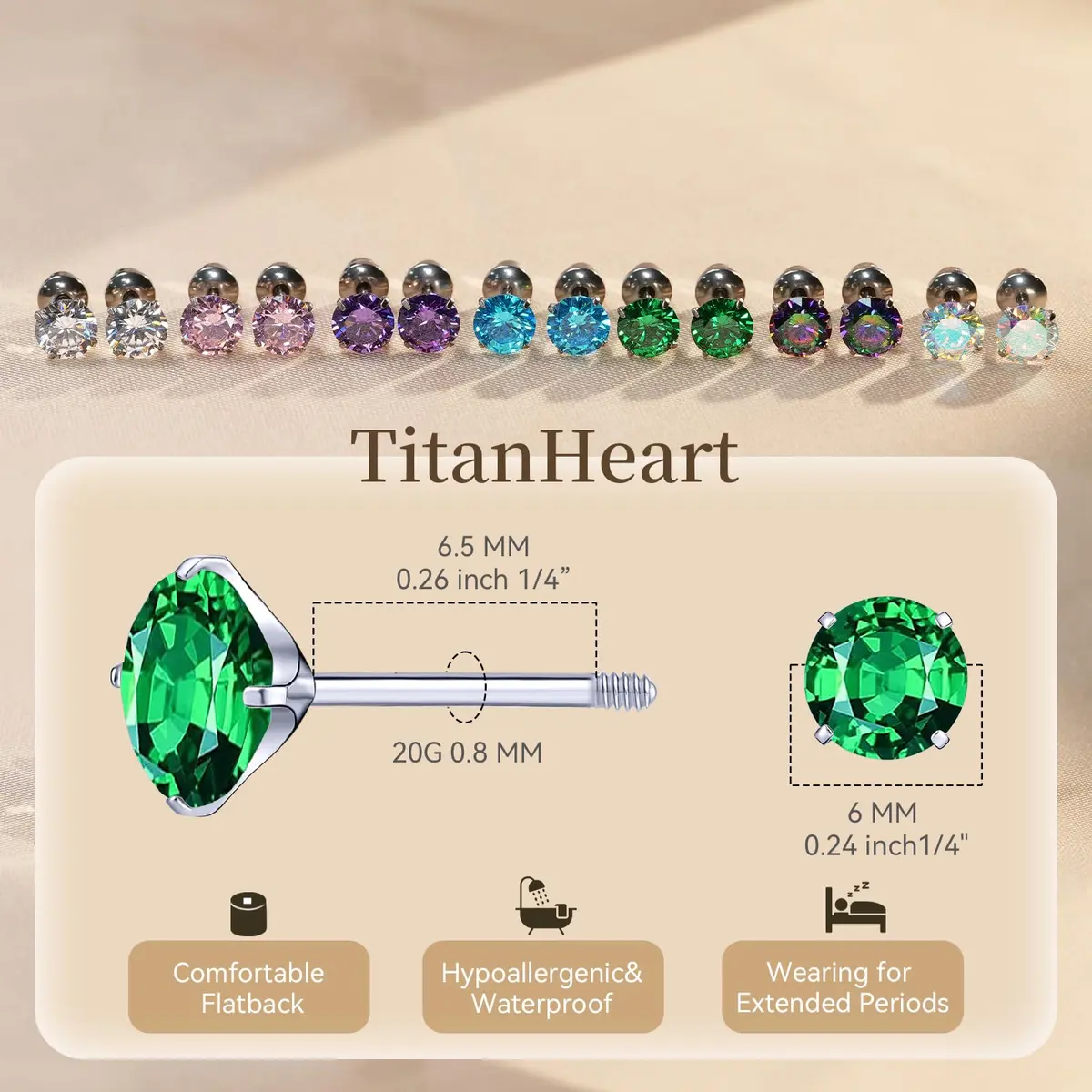 TitanHeart Hypoallergenic Titanium CZ Screw Back Stud Earrings for Women Men | Sensitive Skin Friendly (70-120 chars) - view 6