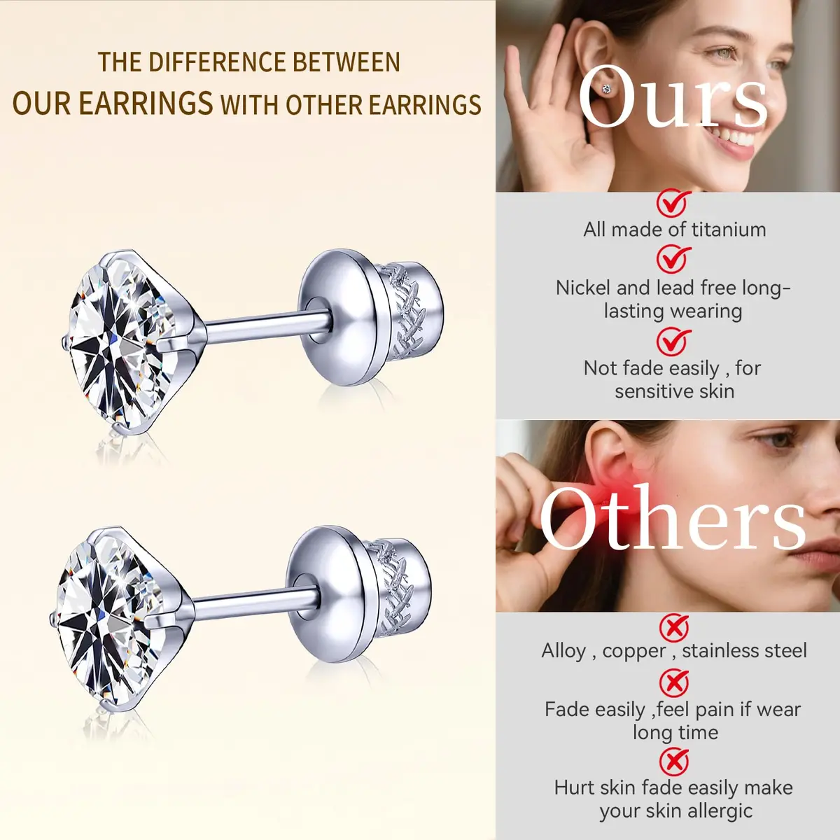 TitanHeart Hypoallergenic Titanium CZ Screw Back Studs Earrings for Women Men | Safe, Lightweight & Long-Lasting - view 4
