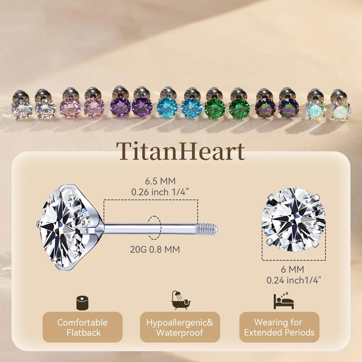 TitanHeart Hypoallergenic Titanium CZ Screw Back Studs Earrings for Women Men | Safe, Lightweight & Long-Lasting - view 6