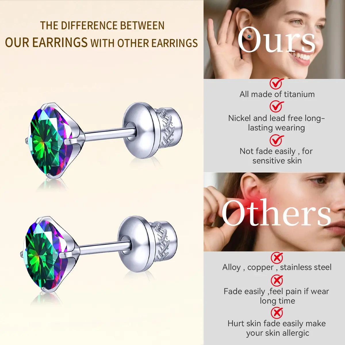 TitanHeart Hypoallergenic Titanium CZ Screw Back Studs Earrings for Women Men | 6mm Rainbow CZ, Anti-Allergy, Unisex - view 4