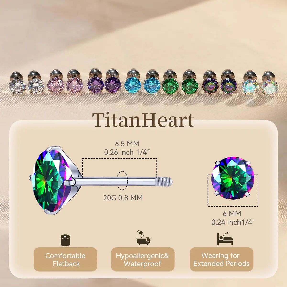 TitanHeart Hypoallergenic Titanium CZ Screw Back Studs Earrings for Women Men | 6mm Rainbow CZ, Anti-Allergy, Unisex - view 6