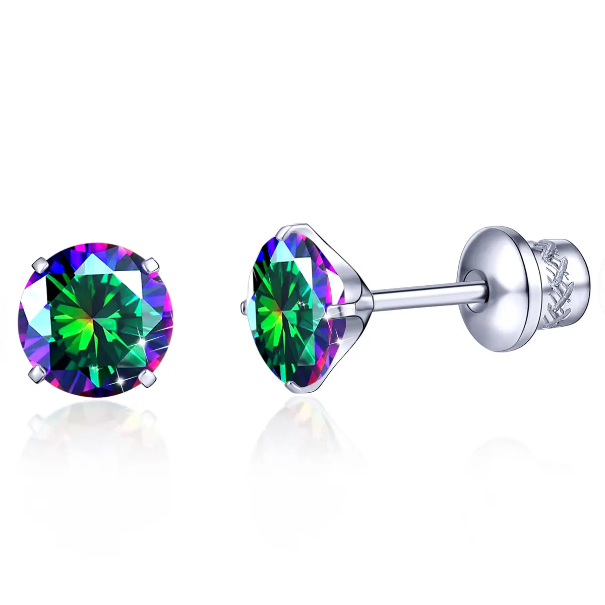TitanHeart Hypoallergenic Titanium CZ Screw Back Studs Earrings for Women Men | 6mm Rainbow CZ, Anti-Allergy, Unisex - main product image