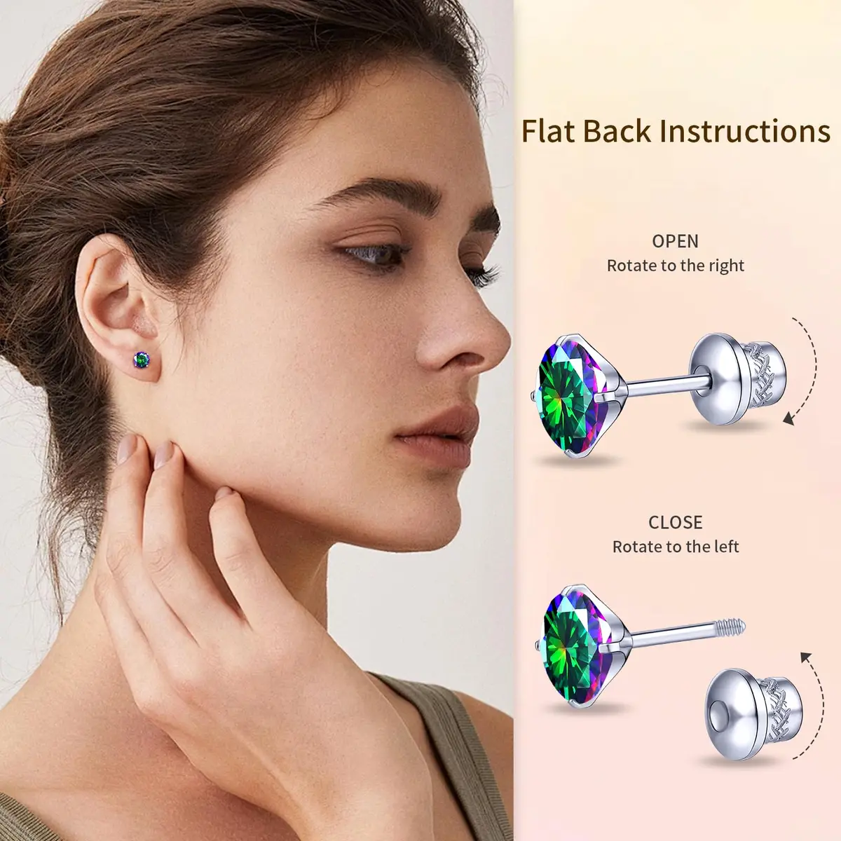 TitanHeart Hypoallergenic Titanium CZ Screw Back Studs Earrings for Women Men | 6mm Rainbow CZ, Anti-Allergy, Unisex - view 3
