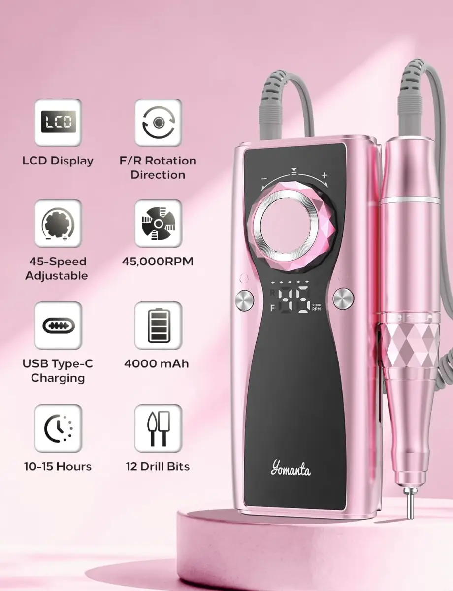 yomanta Professional Electric Nail Drill Kit 45,000 RPM USB Rechargeable Efile Nail File with 12 Bits | Salon & Home Manicure Tool - view 3
