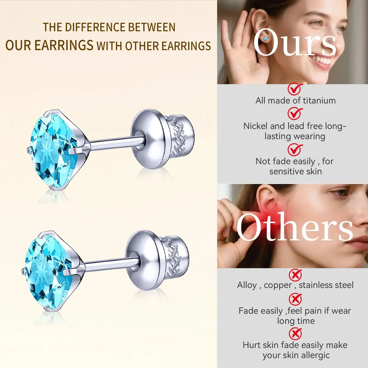 TitanHeart Hypoallergenic Titanium CZ Screw Back Studs Earrings 6mm (0.24 Inch) | Secure & Allergy-Free for Sensitive Ears - view 4