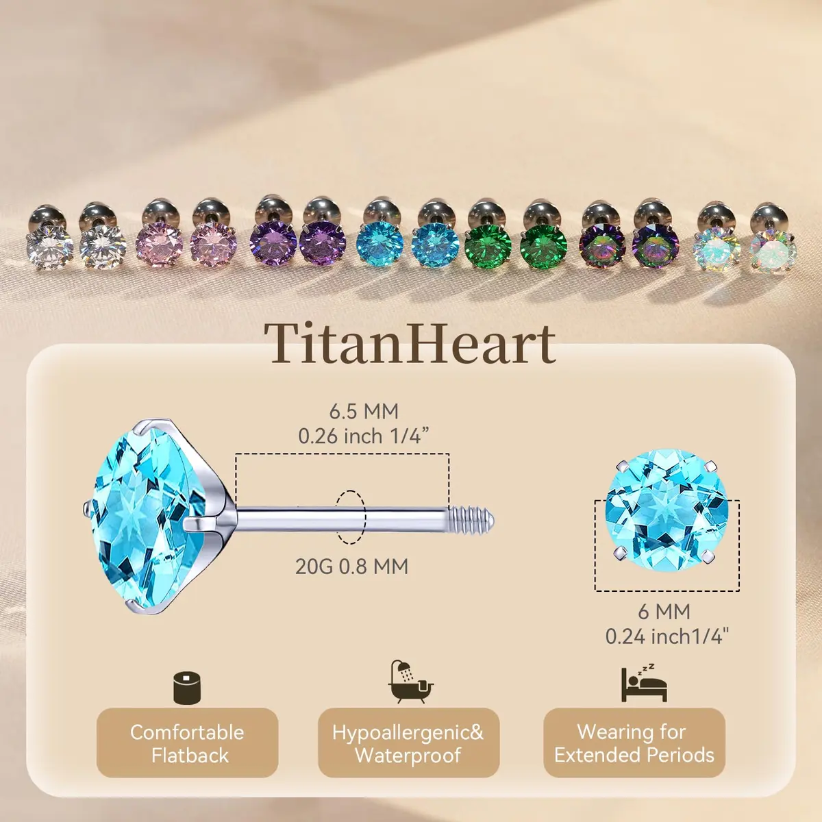 TitanHeart Hypoallergenic Titanium CZ Screw Back Studs Earrings 6mm (0.24 Inch) | Secure & Allergy-Free for Sensitive Ears - view 6