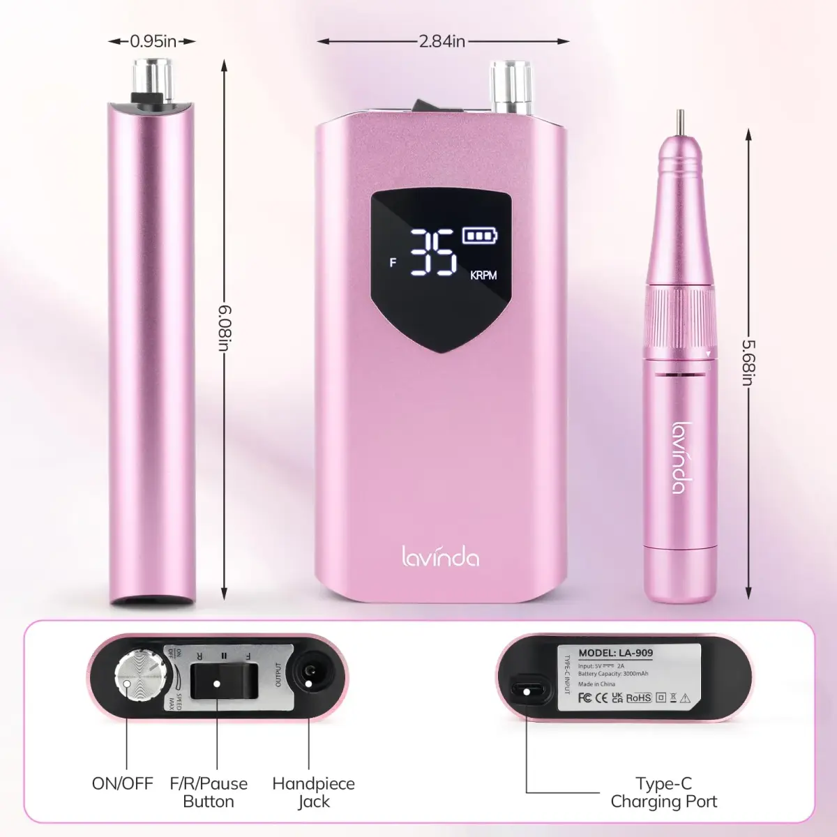 Lavinda Pink Nail Drill 35000 RPM Cordless Rechargeable Efile | Professional Electric Nail File Machine - view 6