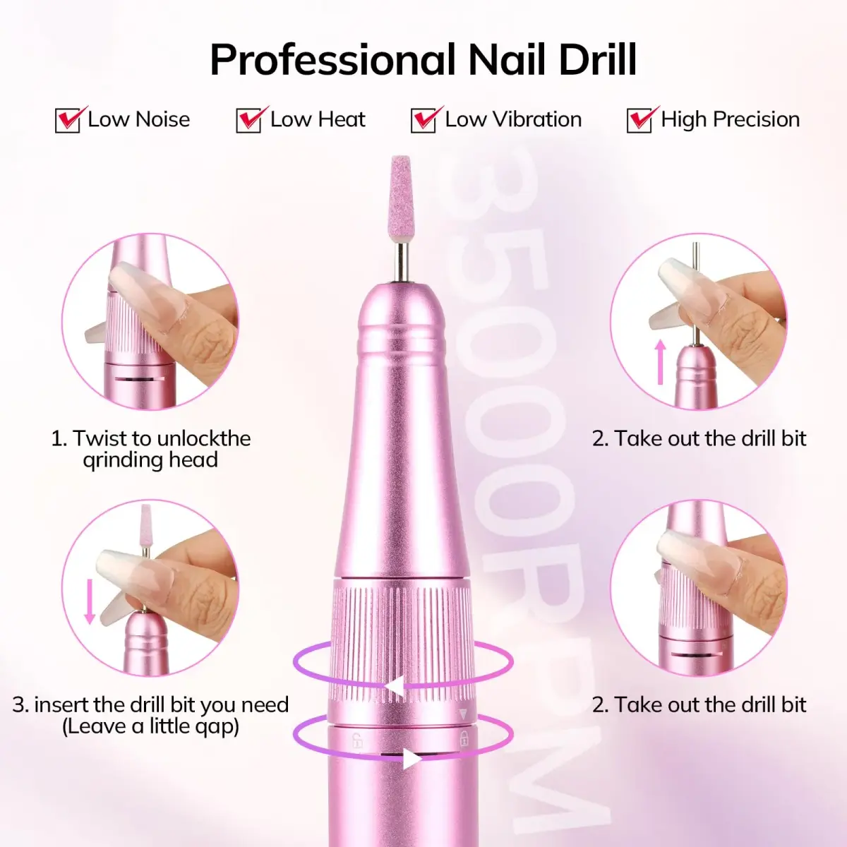 Lavinda Pink Nail Drill 35000 RPM Cordless Rechargeable Efile | Professional Electric Nail File Machine - view 7