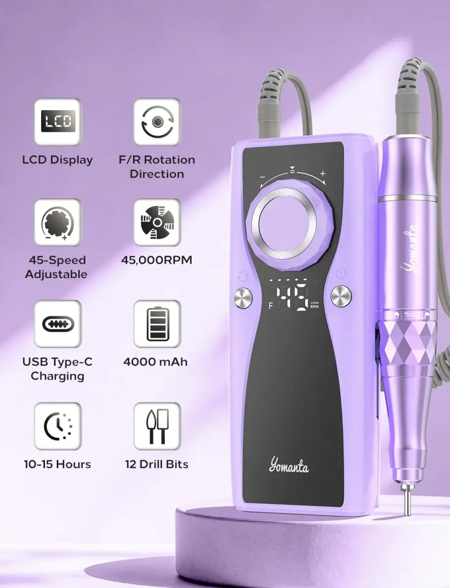 yomanta Professional Electric Nail Drill Kit 45000 RPM USB Rechargeable Efile Nail File with 12 Bits for Gel/Acrylic Nails | Salon/Home Portable Manicure Tool Set - view 3
