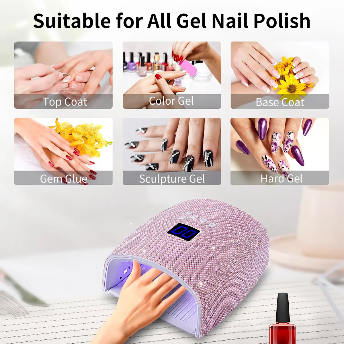Ayshone 48W Cordless UV LED Nail Lamp Pearl Pink Diamond | Rechargeable Gel Nail Dryer with Handle - view 7