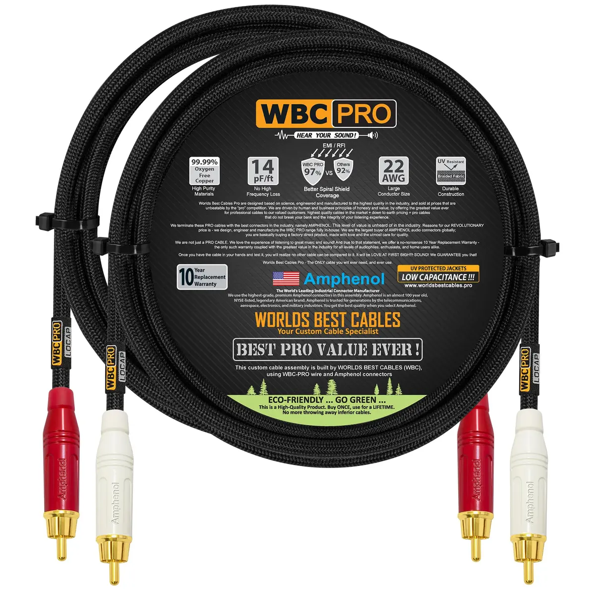WORLDS BEST CABLES 2.5 Foot RCA Audio Cable Pair Low-Capacitance 14pF/ft | Audiophile & Pro-Grade - main product image