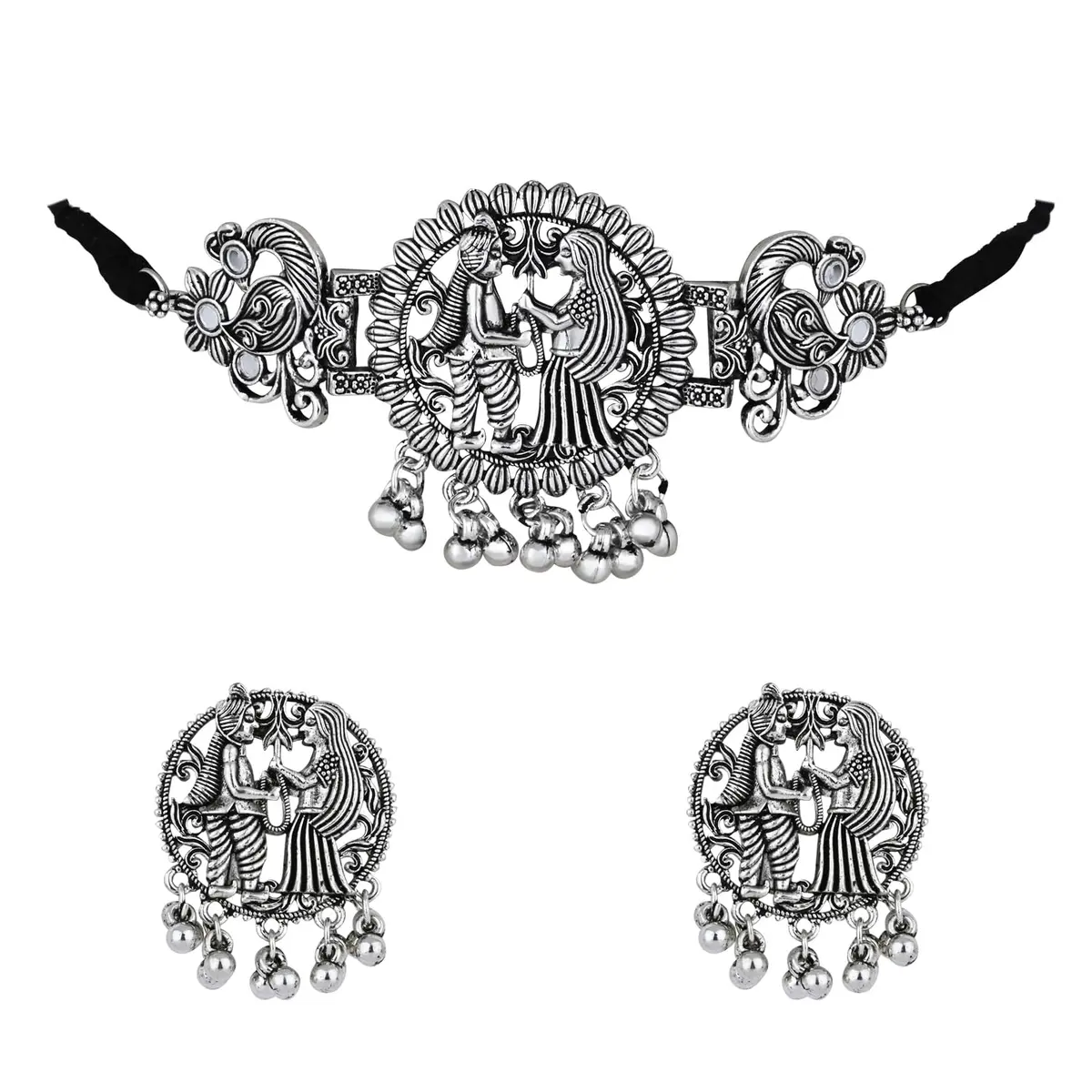 I Jewels Ethnic Silver Oxidized Ghungroo Necklace Jewellery Set With Earrings & Maang Tikka | Style 4 - main product image
