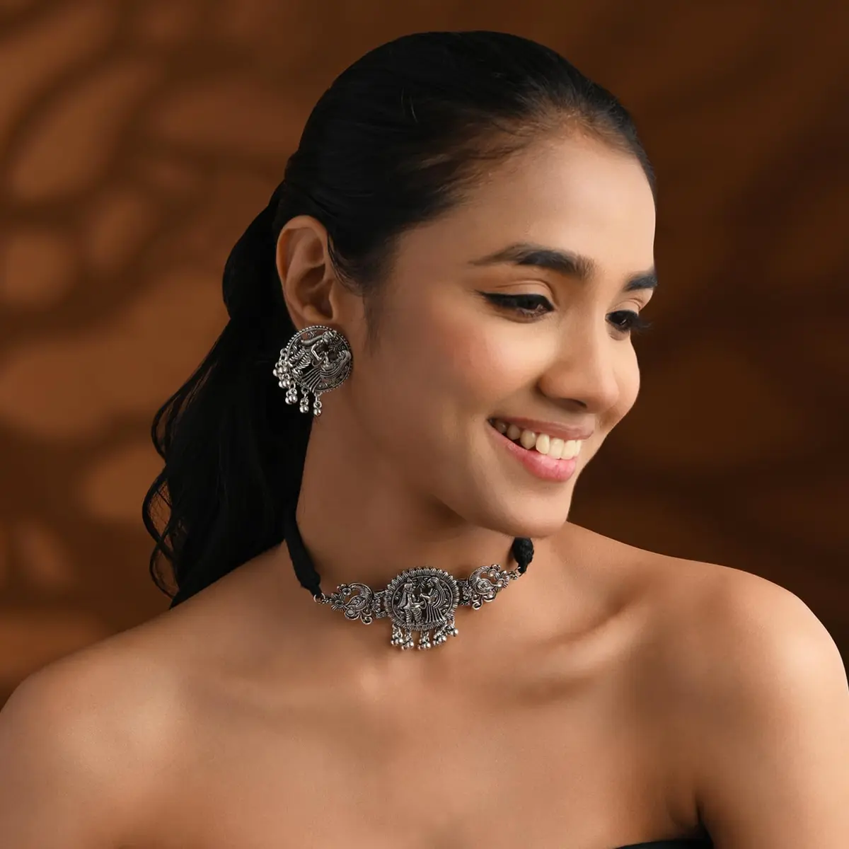 I Jewels Ethnic Silver Oxidized Ghungroo Necklace Jewellery Set With Earrings & Maang Tikka | Style 4 - view 2