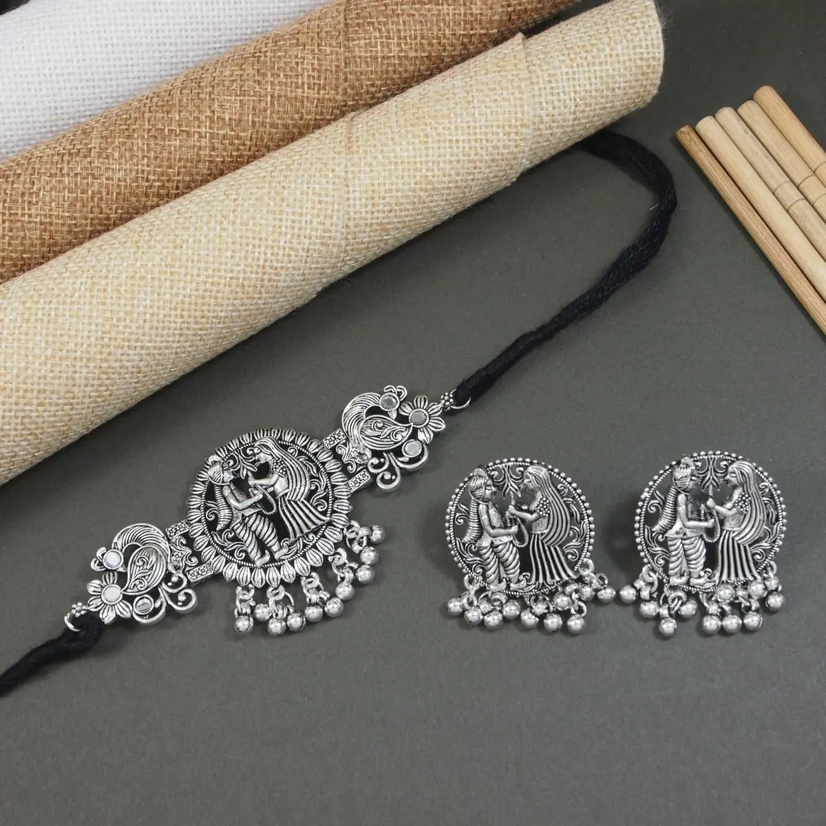 I Jewels Ethnic Silver Oxidized Ghungroo Necklace Jewellery Set With Earrings & Maang Tikka | Style 4 - view 3