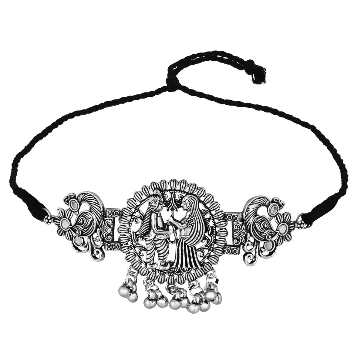 I Jewels Ethnic Silver Oxidized Ghungroo Necklace Jewellery Set With Earrings & Maang Tikka | Style 4 - view 4