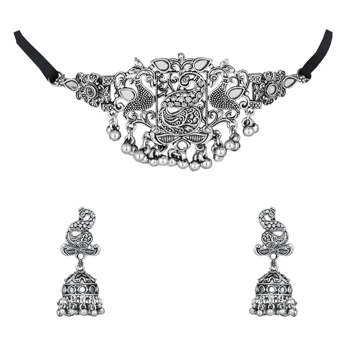 I Jewels Silver Oxidised Afghani Choker Necklace Set with Earrings & Maang Tikka, 12 cm Necklace Length | Bollywood Style Wedding Jewellery - main product image