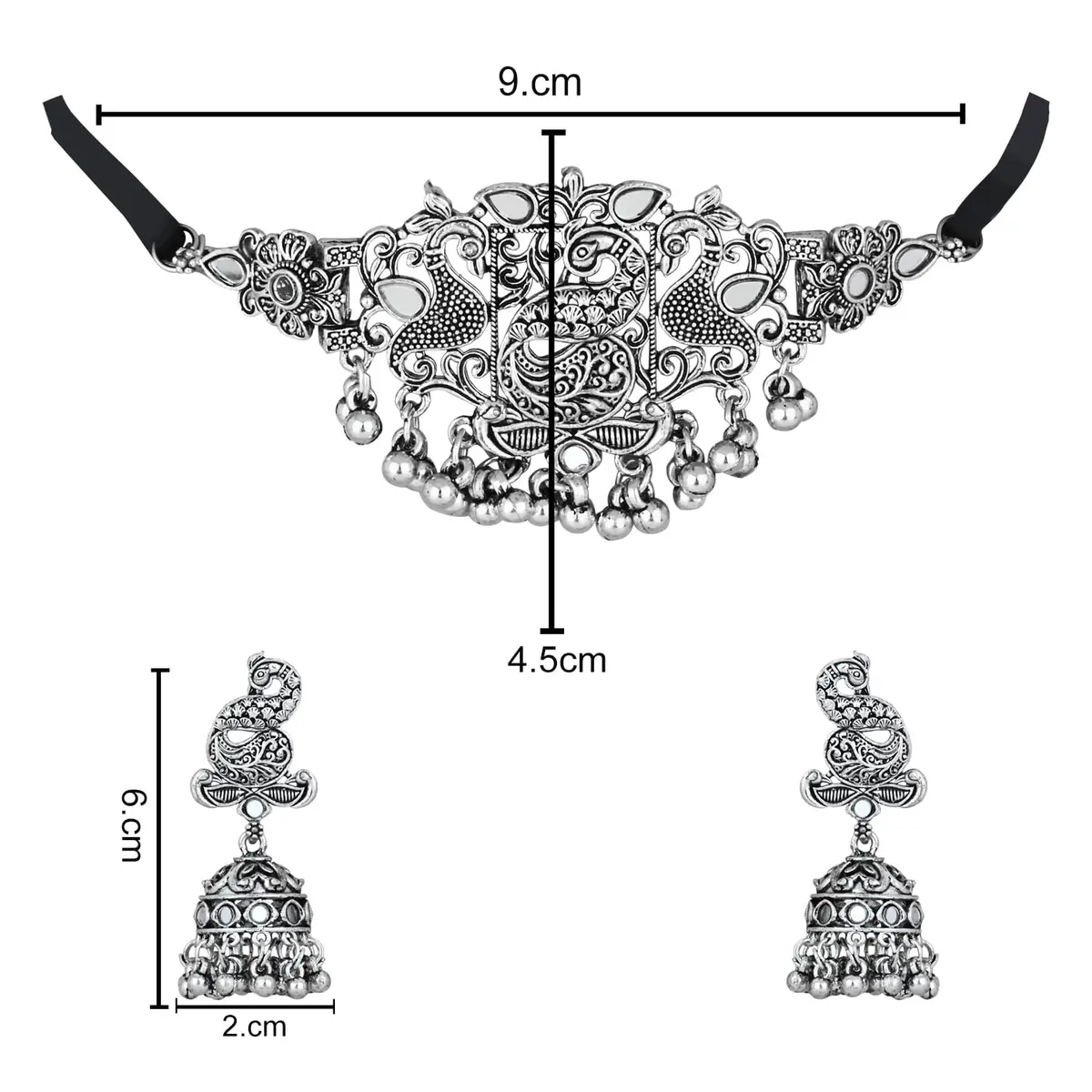 I Jewels Silver Oxidised Afghani Choker Necklace Set with Earrings & Maang Tikka, 12 cm Necklace Length | Bollywood Style Wedding Jewellery - view 7